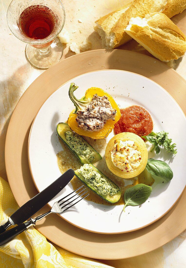 Assorted Stuffed Vegetables with Tomato Pesto