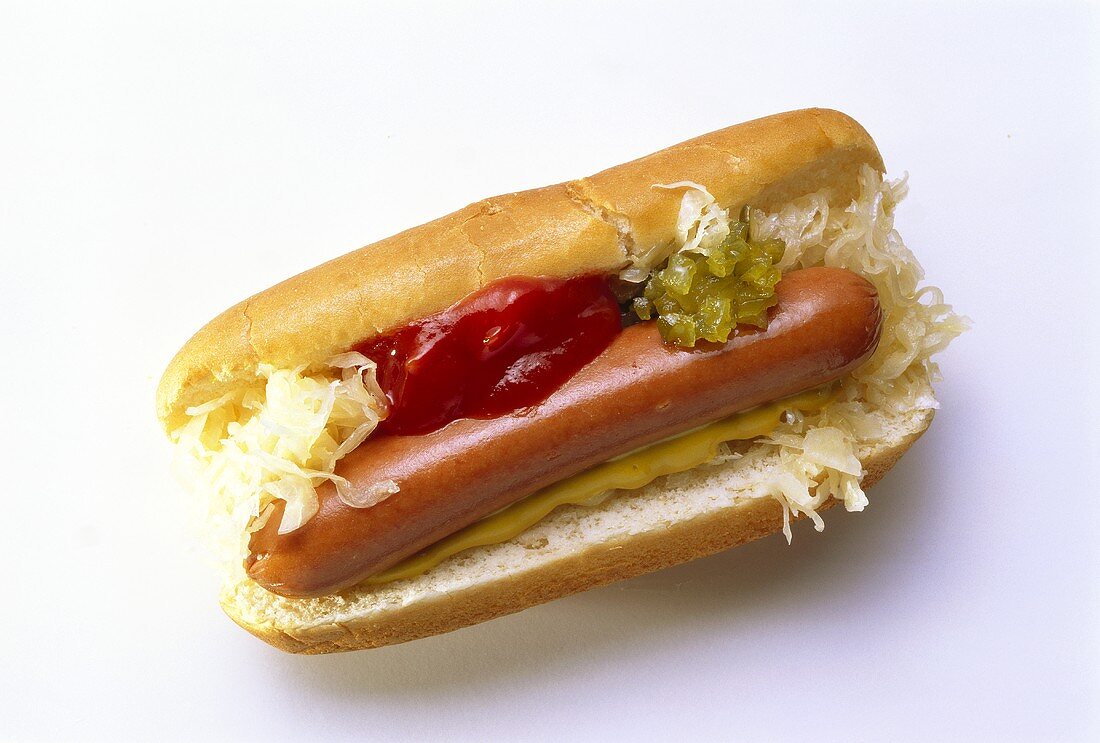 Hot Dog with Ketchup Sauerkraut and Mustard