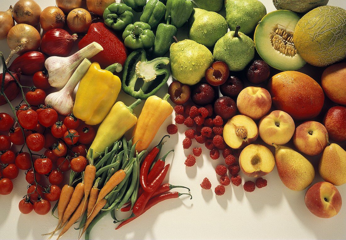 Colorful Still Life of Fresh Fruit and Vegetables