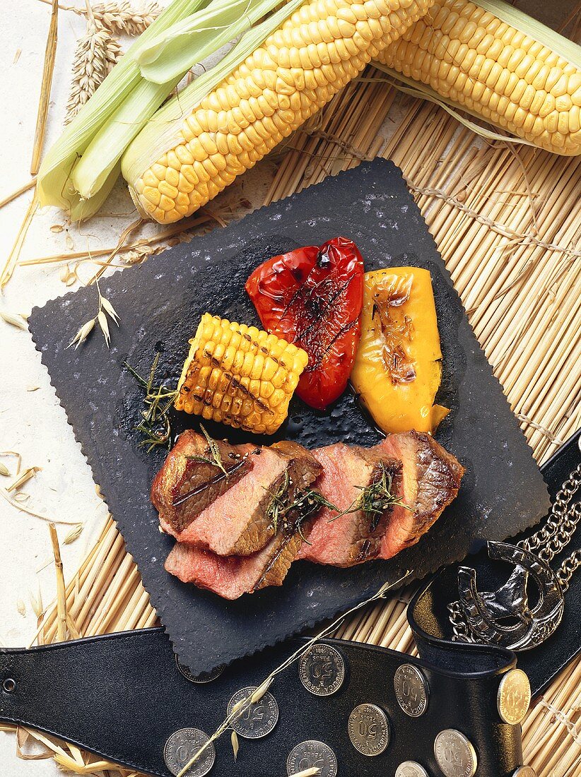 Beef Sirloin with grilled Corn and Bell Peppers
