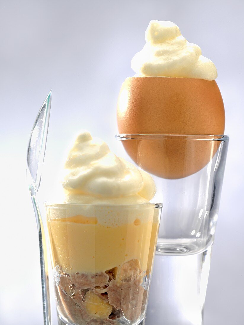Duck confit with scrambled eggs and potato foam