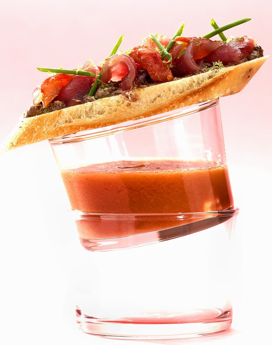 Tomato gazpacho with a tuna and tapenade baguette