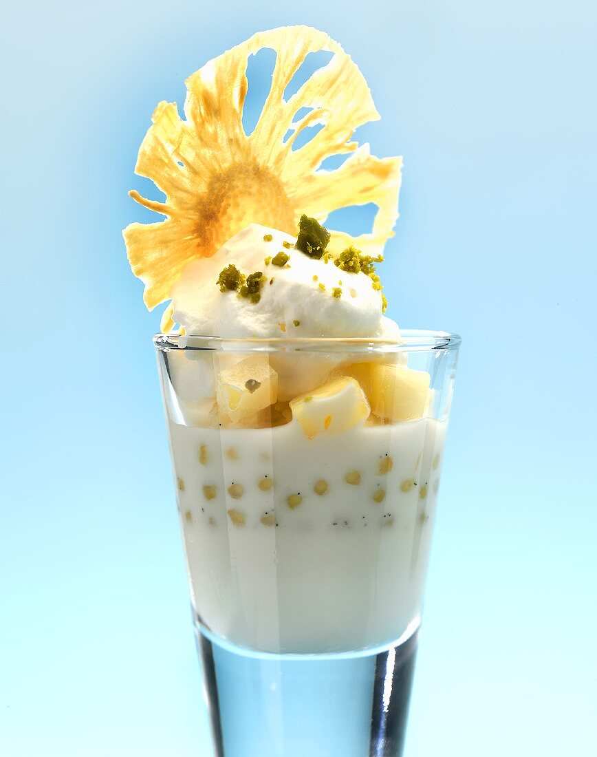 Vanilla panna cotta with pineapple ragout and coconut ice cream