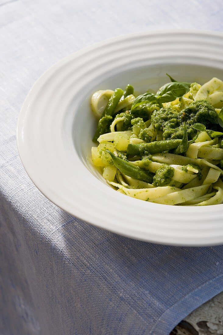 Trenette avvantagiae (tagliatelle with pesto, Italy)