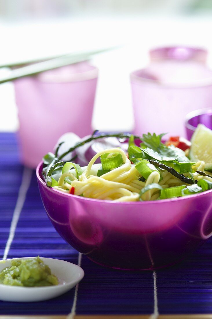 Japanese noodle salad with spring onions