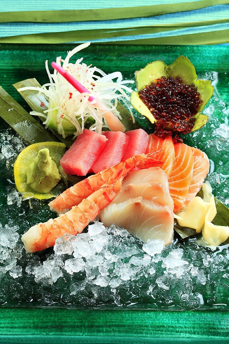 Sashimi mit Lachs, Thunfisch, Garnelen und Bernsteinfisch