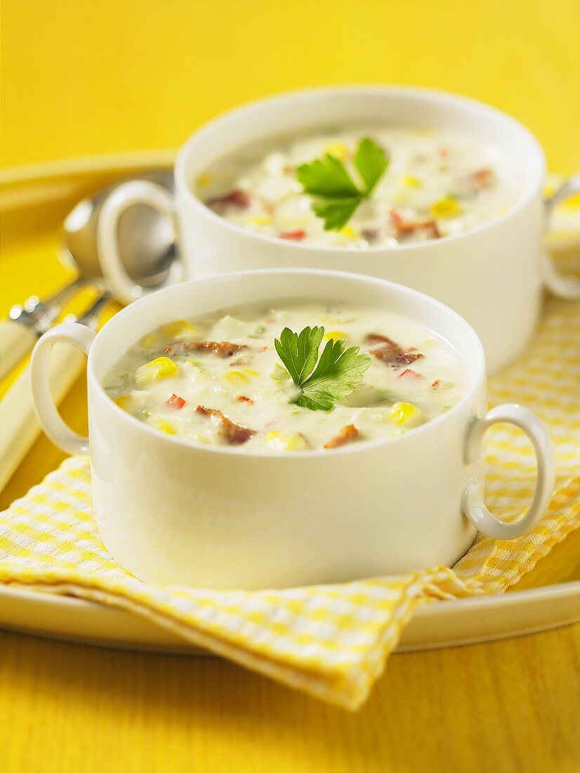 Crab and sweetcorn soup in soup bowls