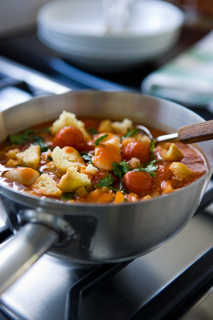 Bowl of Tomato Vegetable Soup with Bread