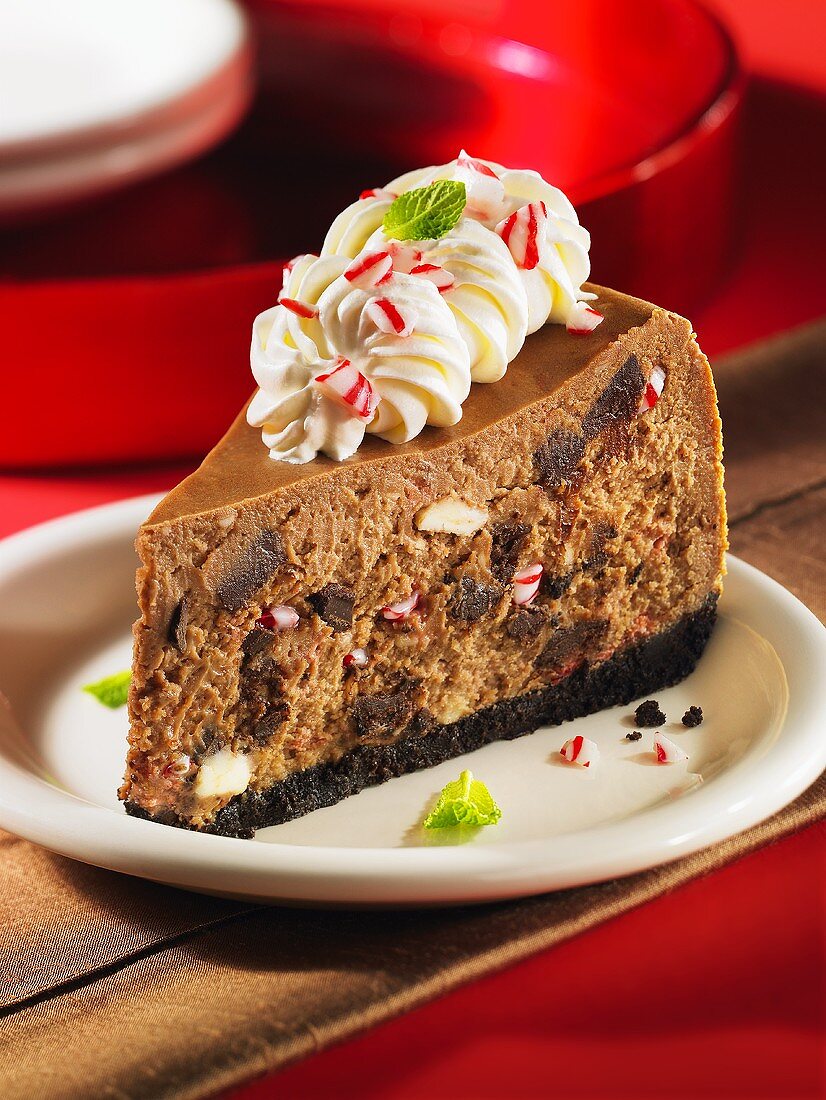 A slice of peppermint and chocolate cheesecake for Christmas