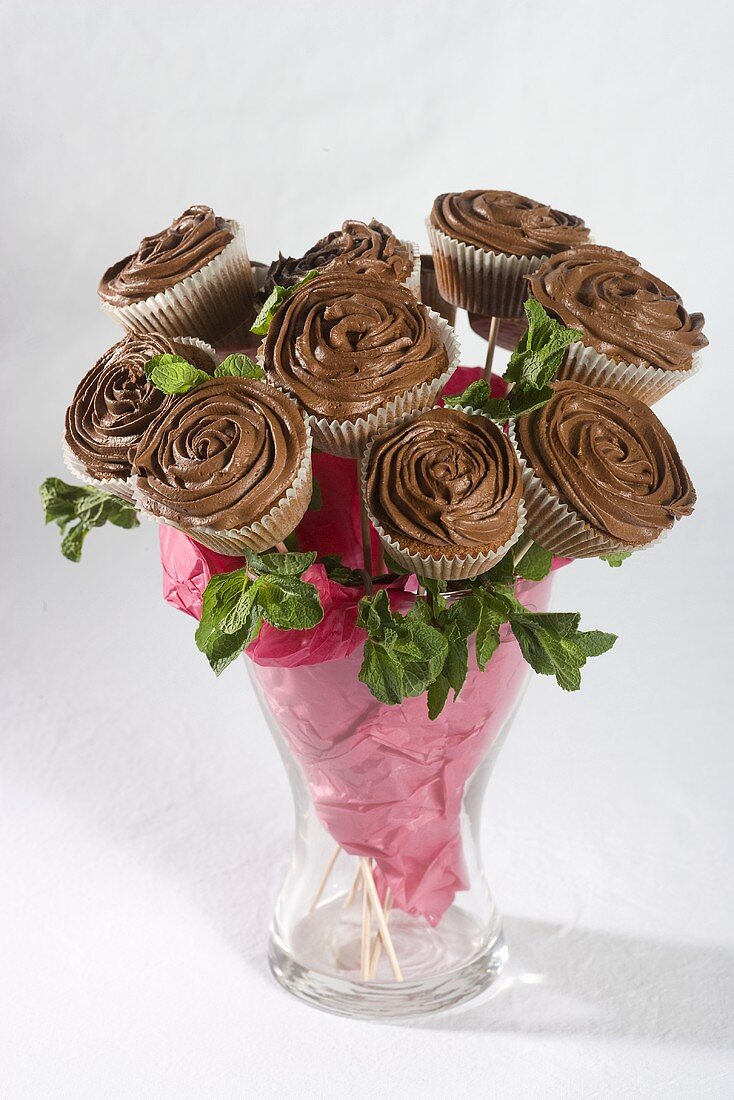 A bouquet of chocolate cupcakes