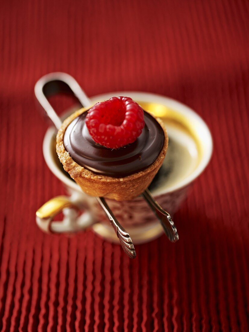 A raspberry chocolate cake topped with a fresh raspberry