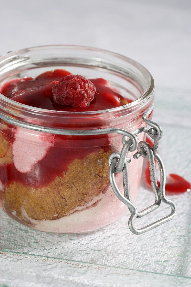 Raspberry charlotte in a preserving jar