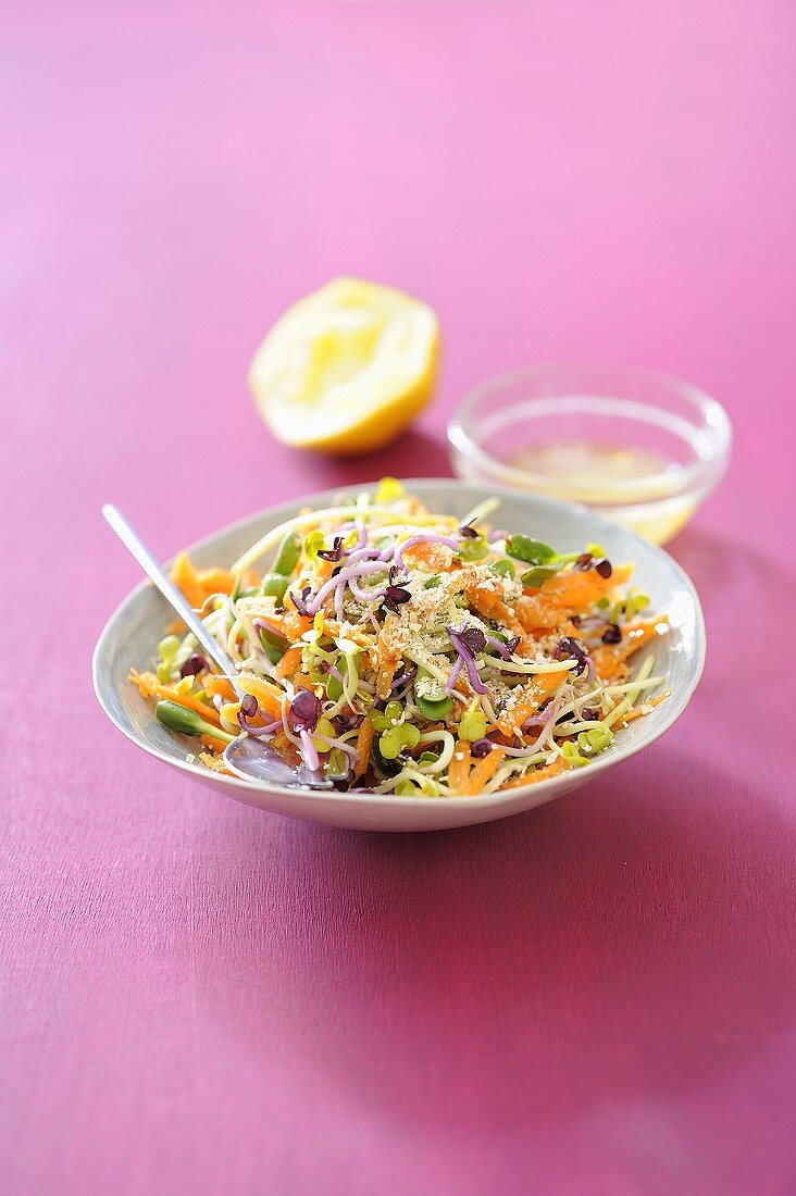 Carrot and bean sprout salad with bran and lemons