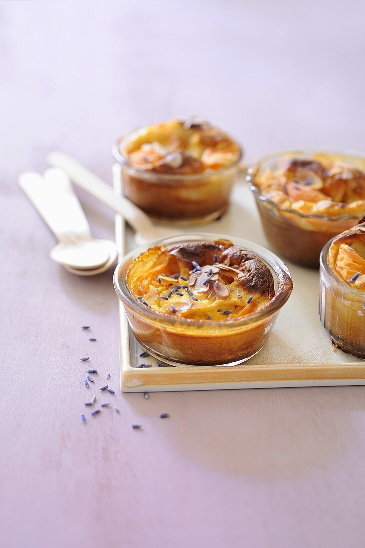 Mini clafoutis with bran, apricots and lavender flowers