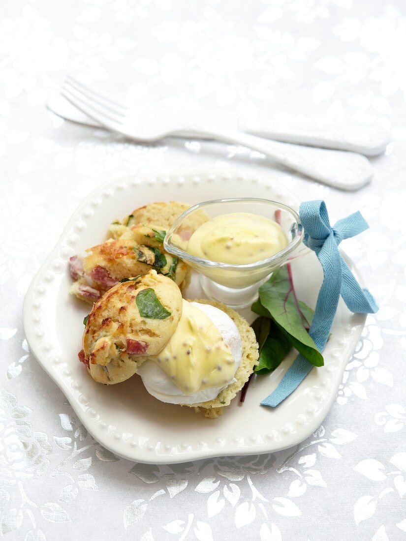 Spinach and pancetta muffins with a poached egg and mustard sauce