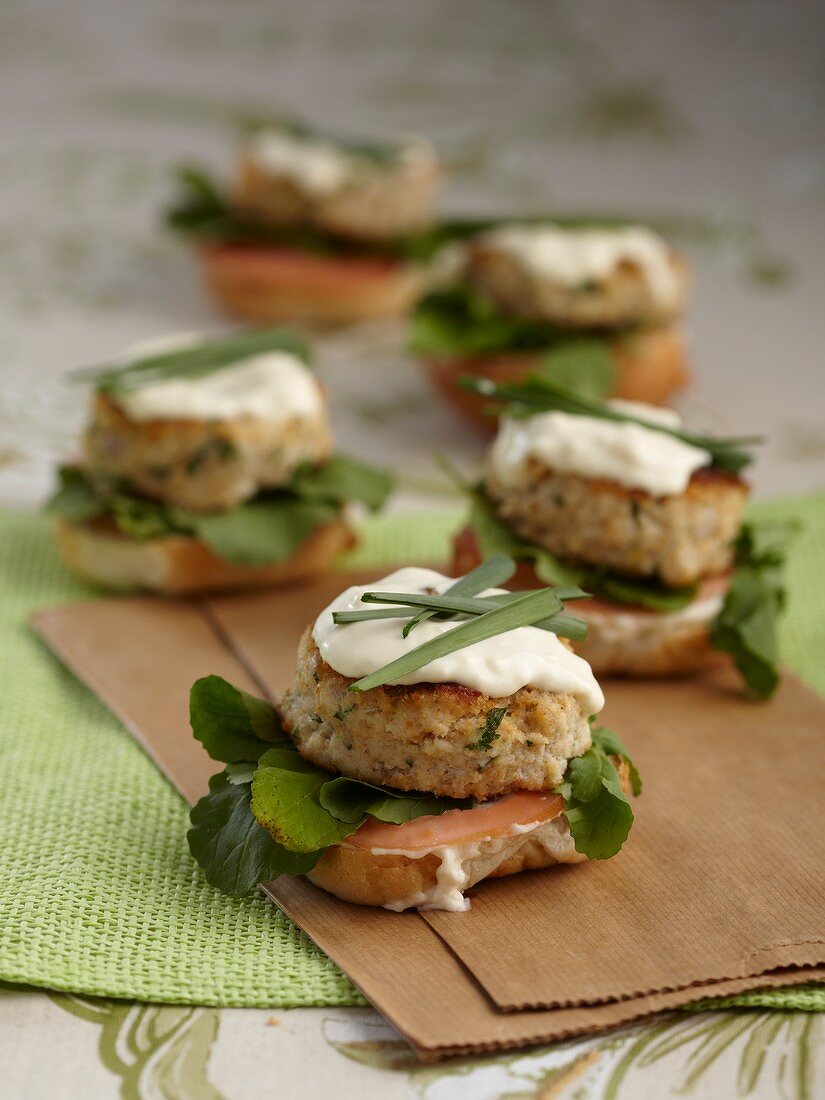 Fish and crab burgers with wasabi mayonnaise and chives