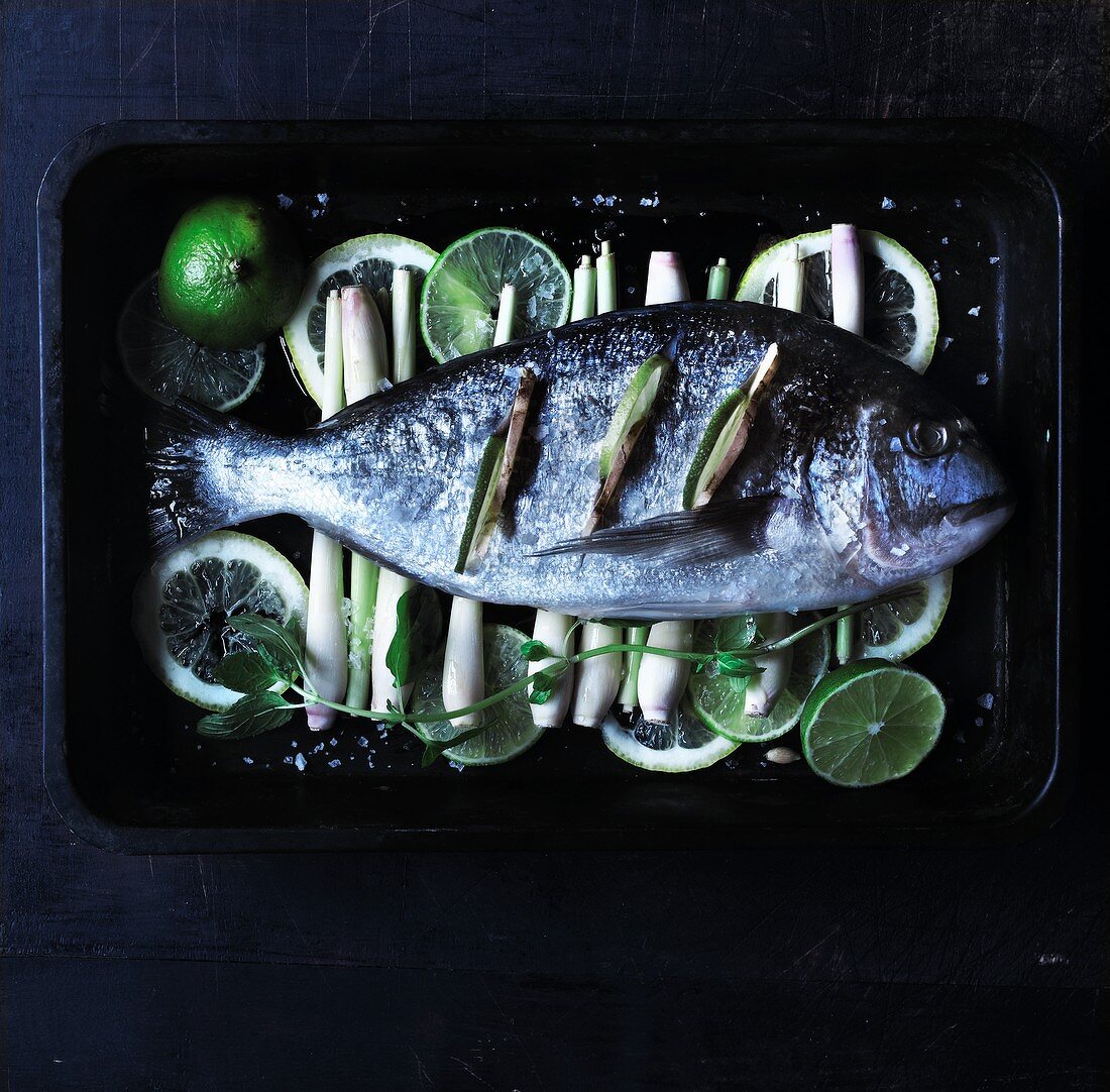 Raw bream on lemongrass and lime slices