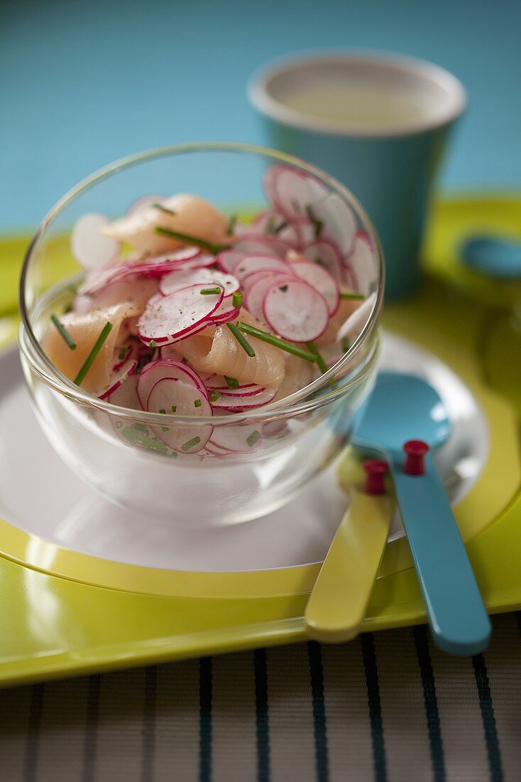 Radish carpaccio with smoked trout