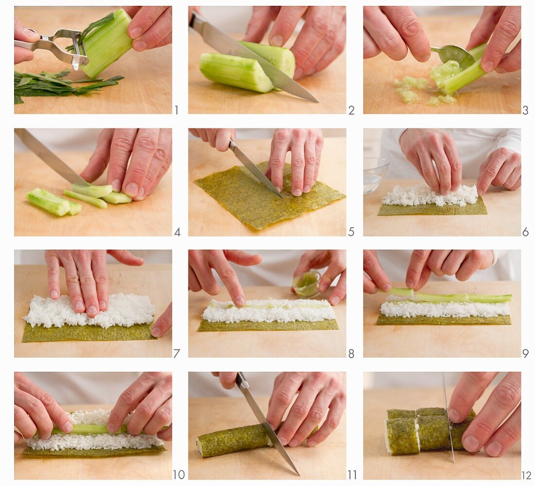 Making maki sushi with cucumber