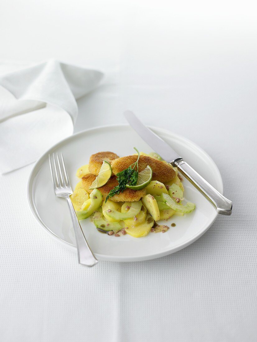 Viennese style Wollwurst Schnitzel with Potato-Cucumber salad