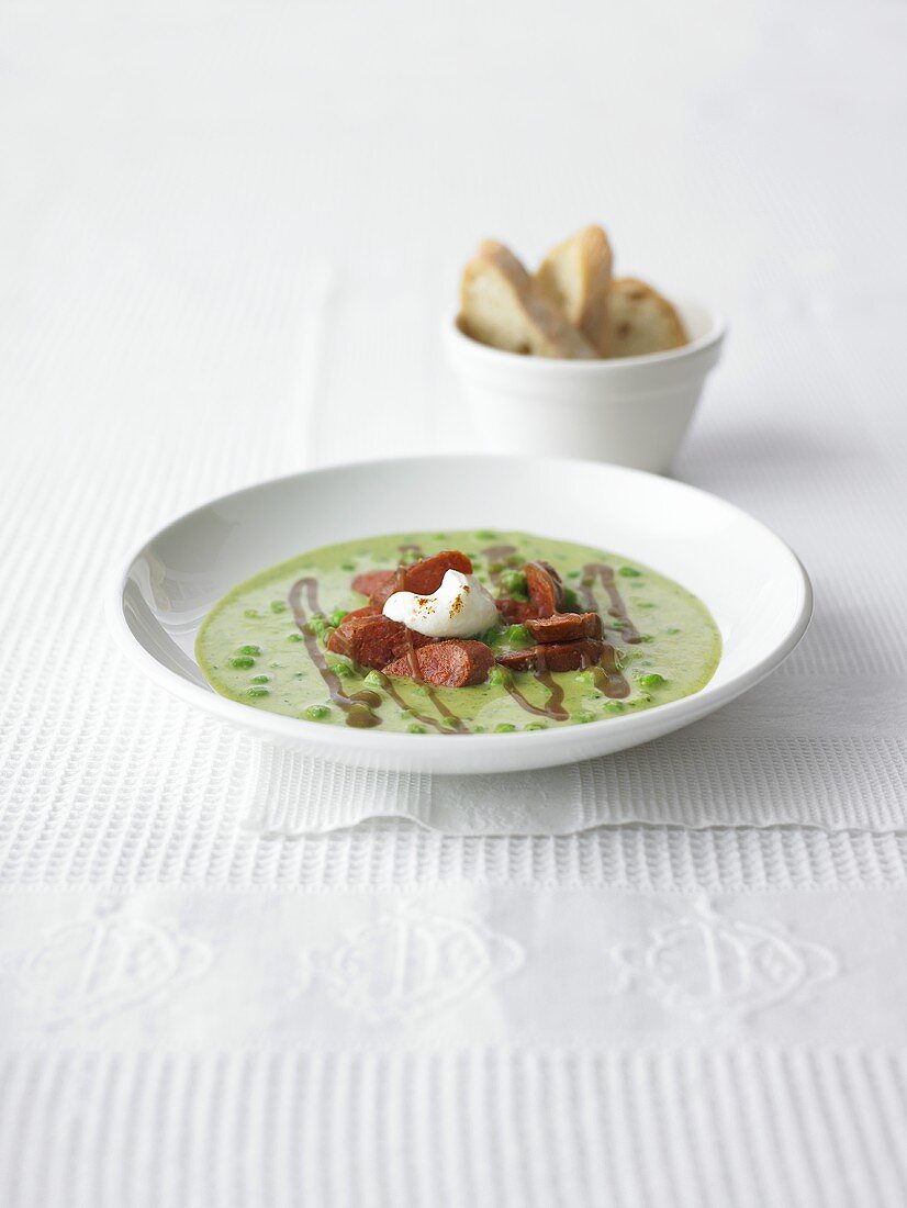 Moroccan pea soup with Merguez sausage and mint