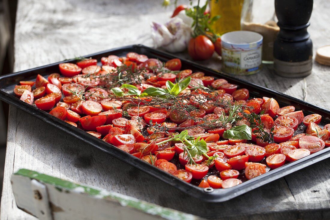 Tomatoes on a baking sheet