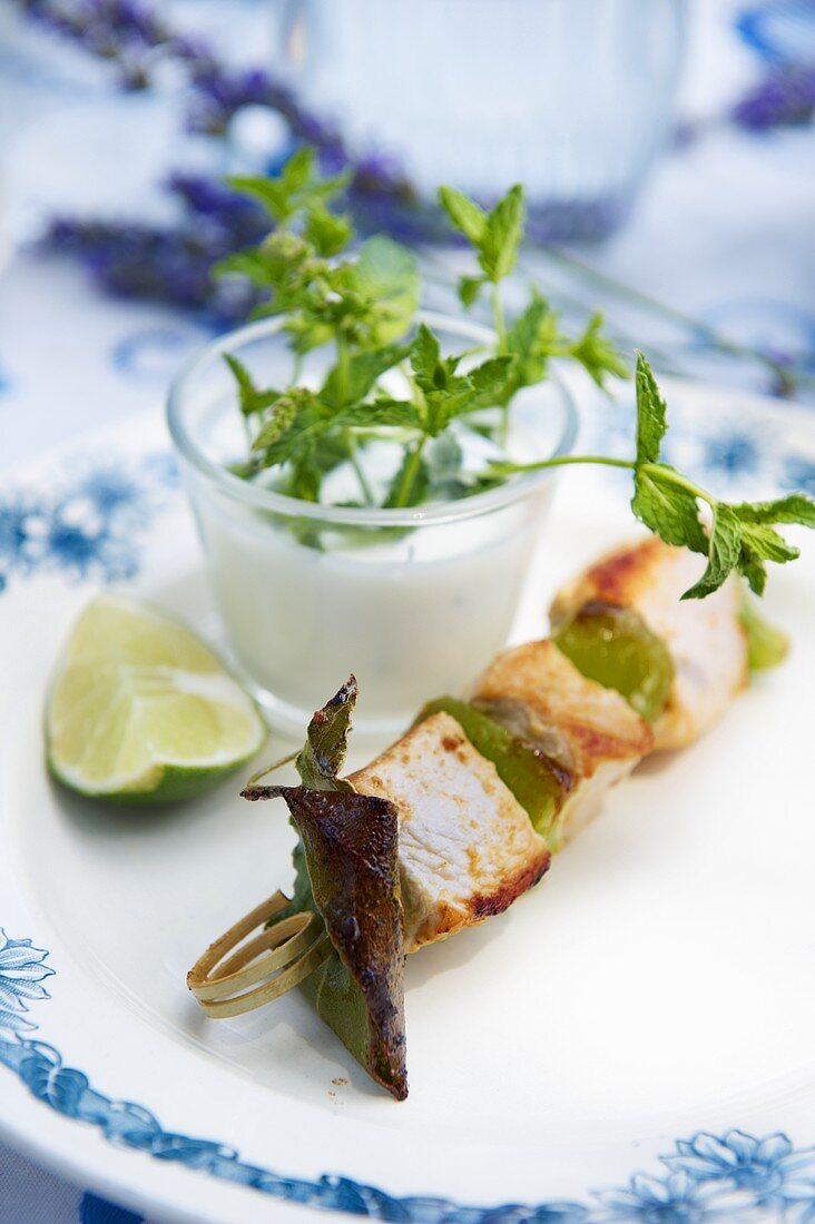 Chicken kebabs with mint dip
