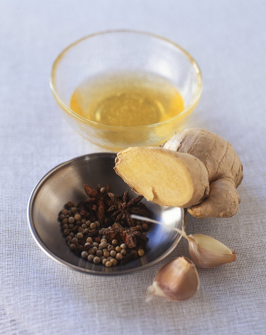 Assorted spices and oil dish