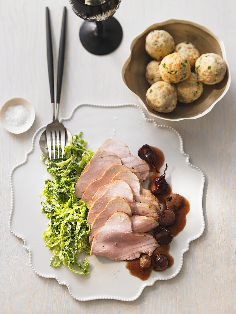 Sweet and sour roast turkey with bread dumplings and red wine shallots