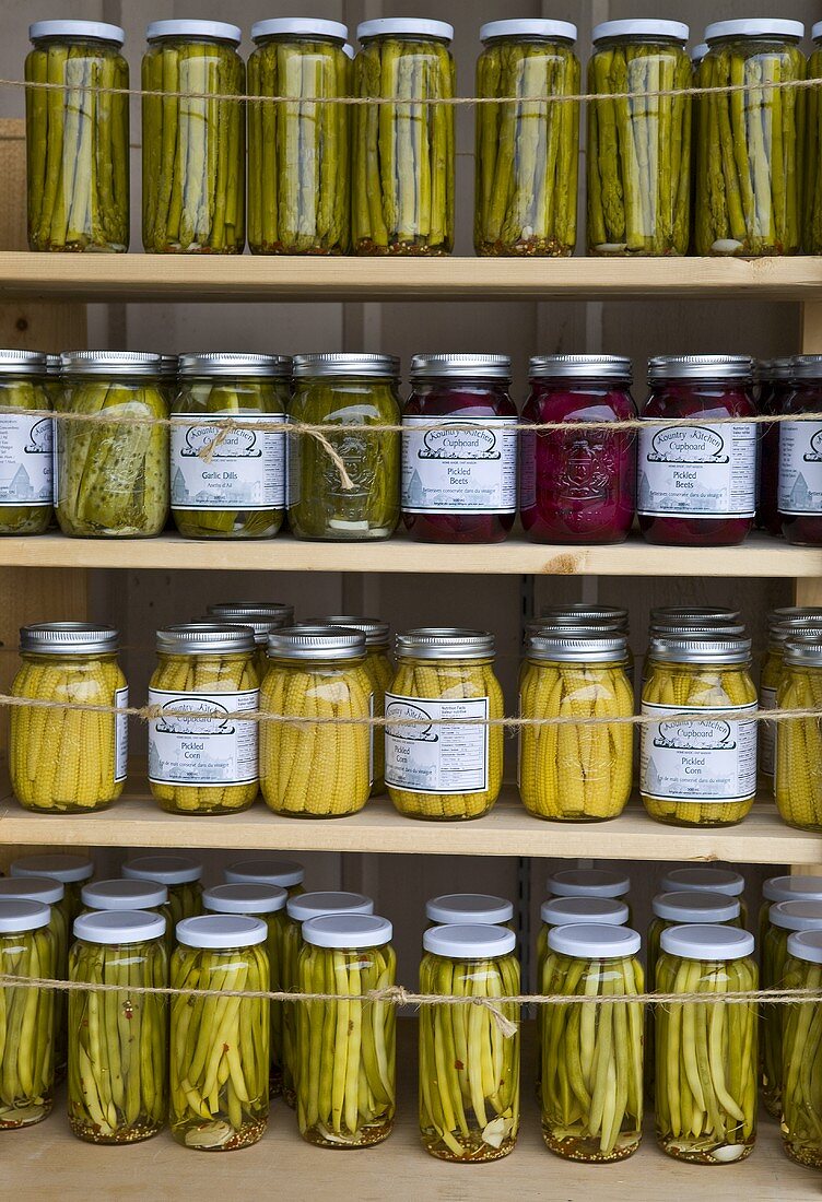 Preserved vegetables in screw top jars