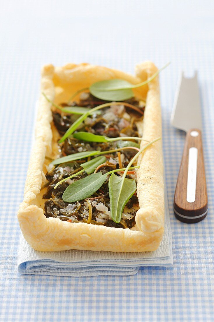 Puff pastry tart with camembert and sorrel