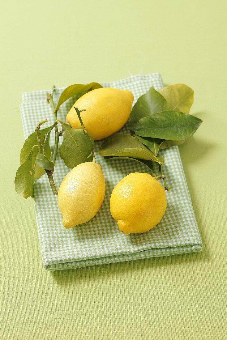 Zitronen mit Blättern auf kariertem Tuch