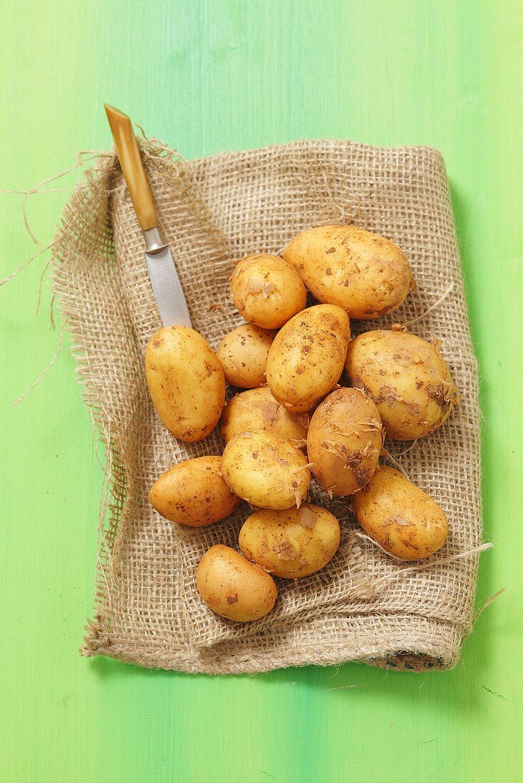 New potatoes on a jute sack