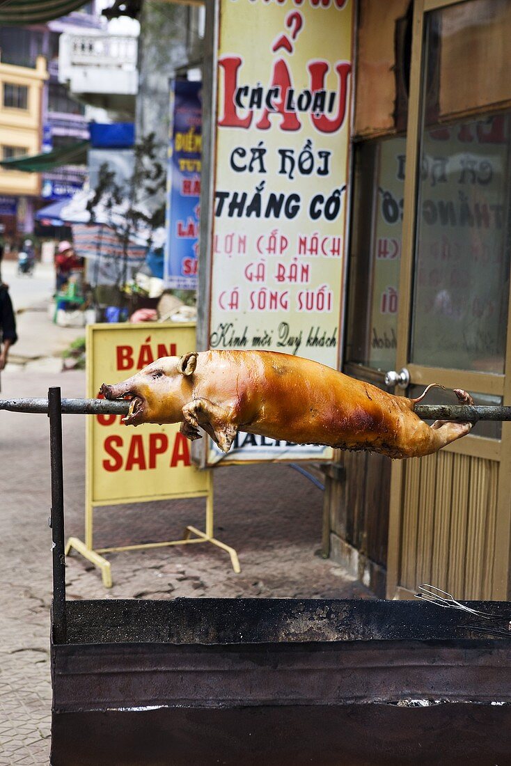 Spanferkel vor einem Laden in Vietnam