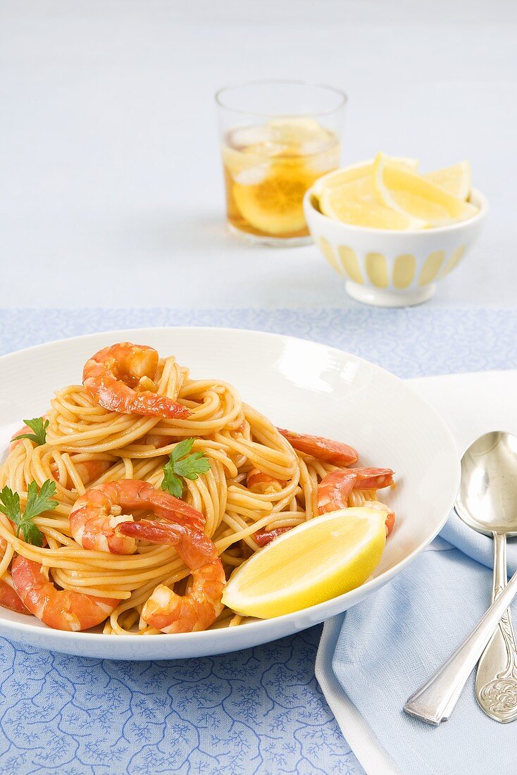 Bowl of Pasta with Shrimp on a Napkin