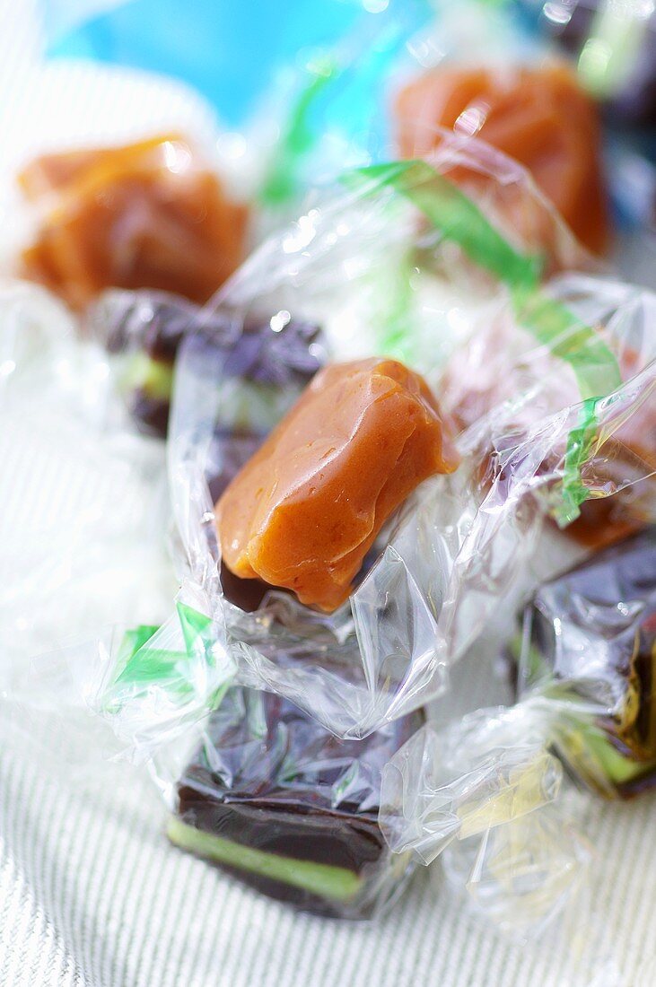 Various toffees wrapped in cellophane