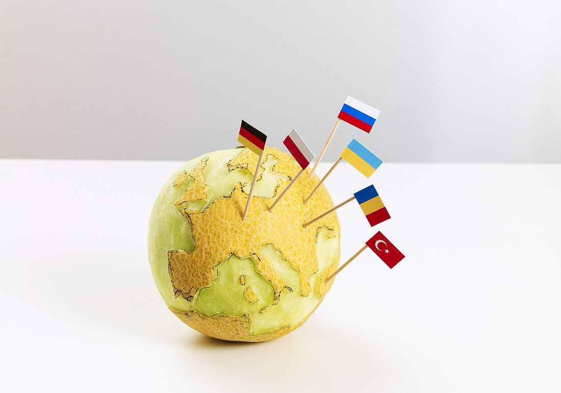 A map of Europe carved into a melon and stuck with flags