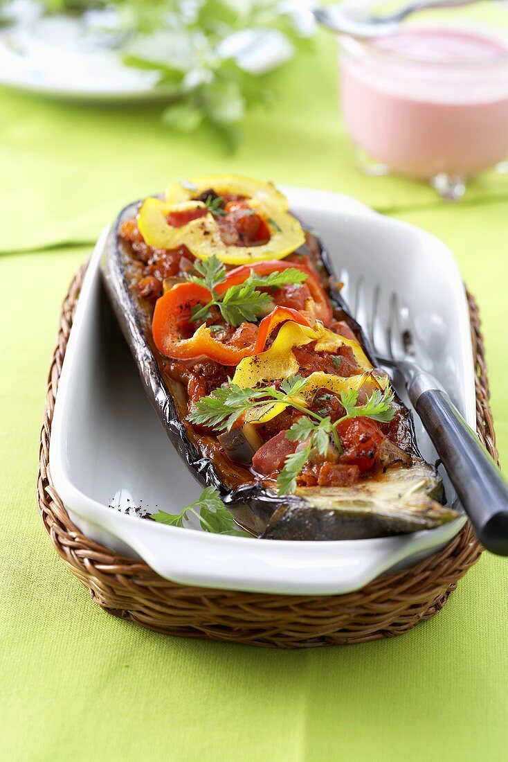 Aubergine filled with pepper
