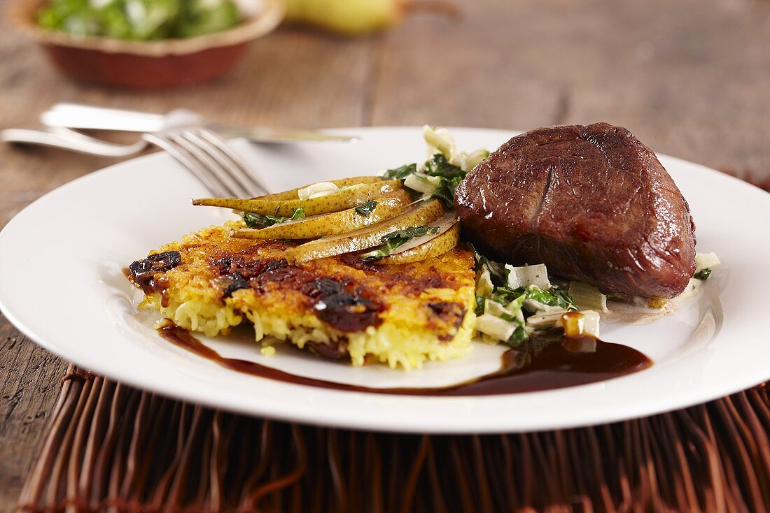 Springbok with potato cakes and pears (Africa)