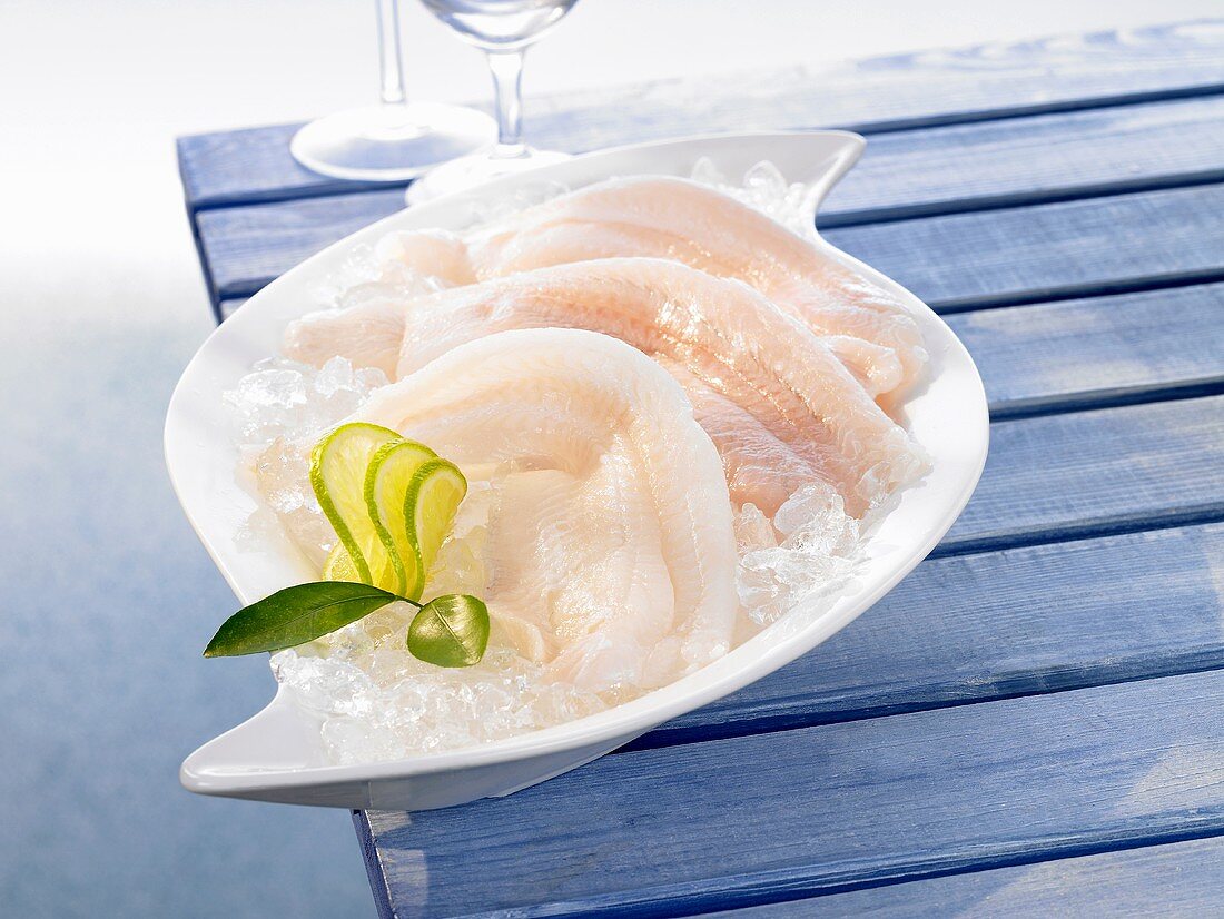 Fresh sole fillets on ice