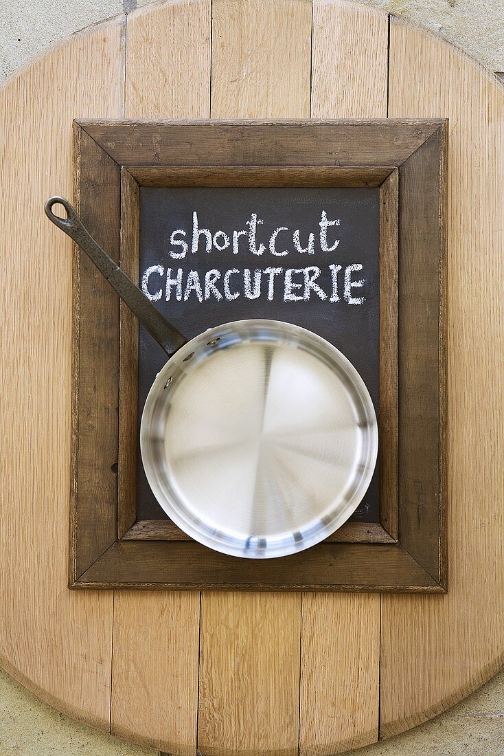 A saucepan on a blackboard with a wooden frame