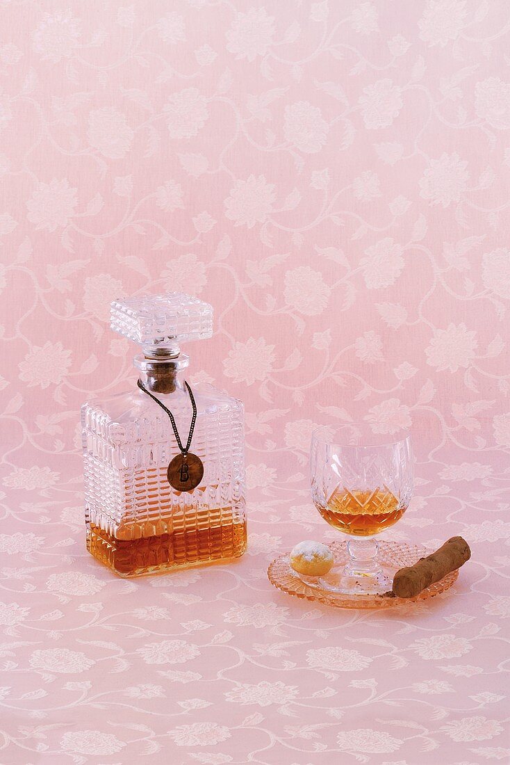 Cognac in a decorative carafe and in a glass