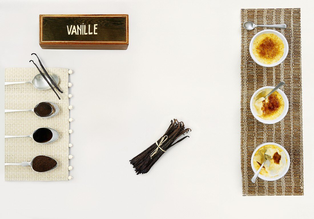 Vanilla extract, vanilla pods and creme brulee