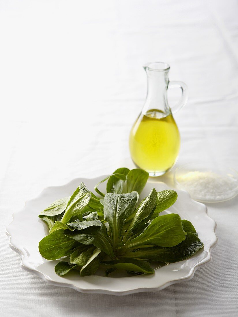 Feldsalat, Olivenöl und Salz