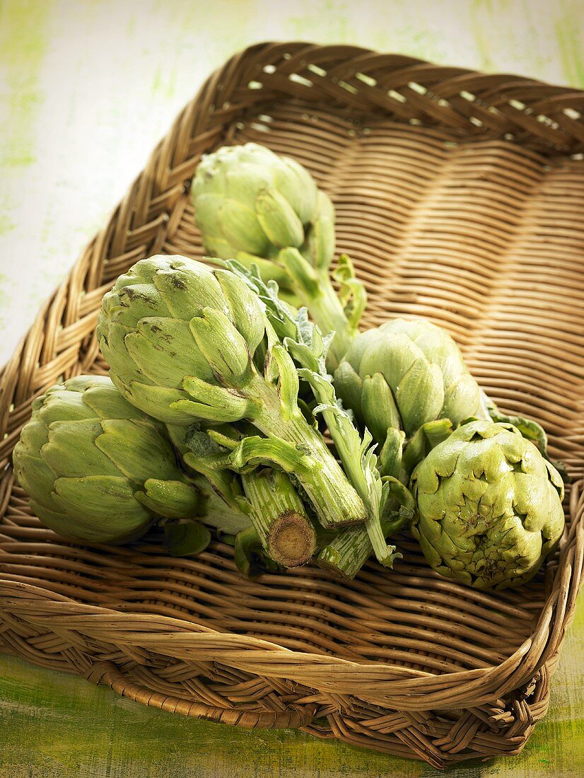 Artichokes on a wicker tray