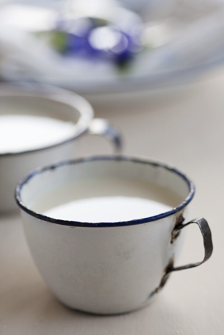 Milch in emaillierter Tasse