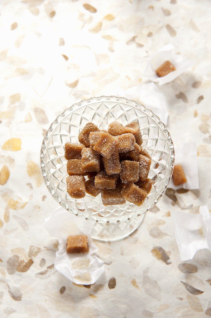 Butter caramel sweets in glass bowl