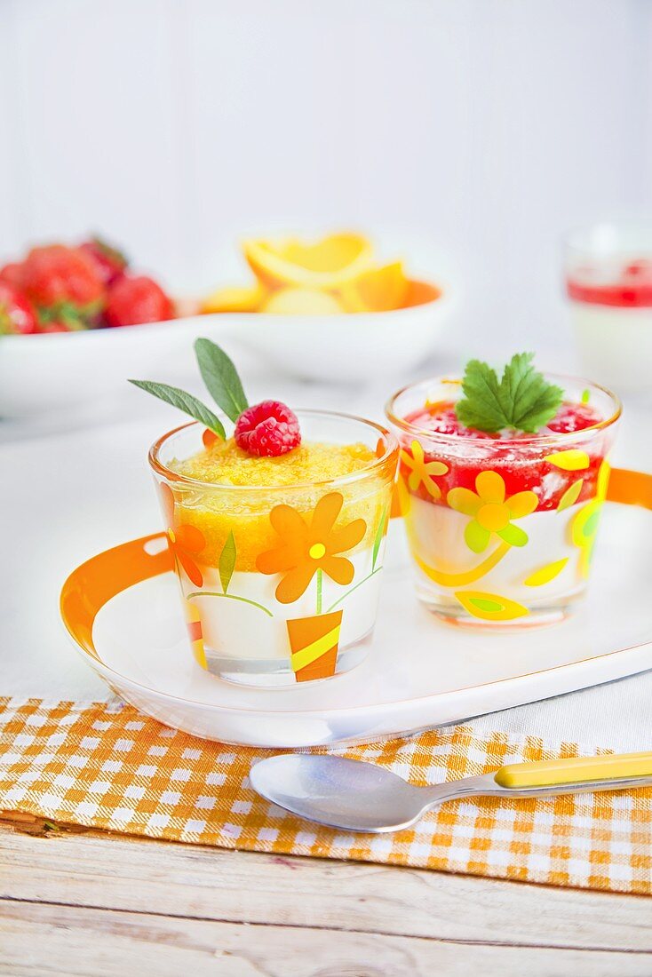 Summery layered dessert with oranges and strawberries