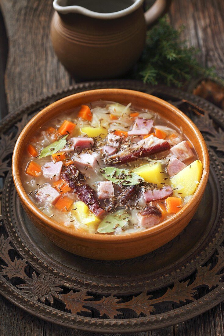 Kwasnica (sauerkraut soup, Poland) with pork ribs