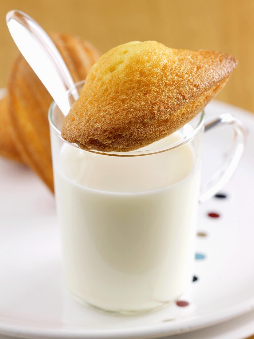 A madeleine on a glass of milk